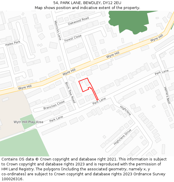 54, PARK LANE, BEWDLEY, DY12 2EU: Location map and indicative extent of plot