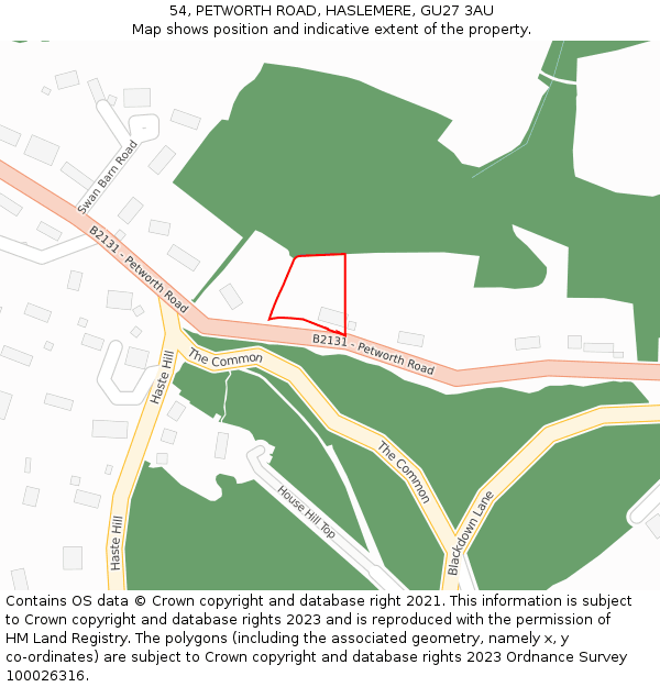 54, PETWORTH ROAD, HASLEMERE, GU27 3AU: Location map and indicative extent of plot