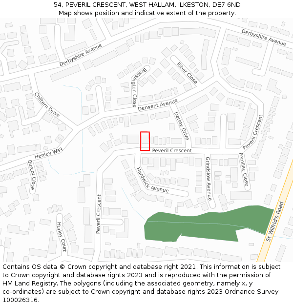 54, PEVERIL CRESCENT, WEST HALLAM, ILKESTON, DE7 6ND: Location map and indicative extent of plot