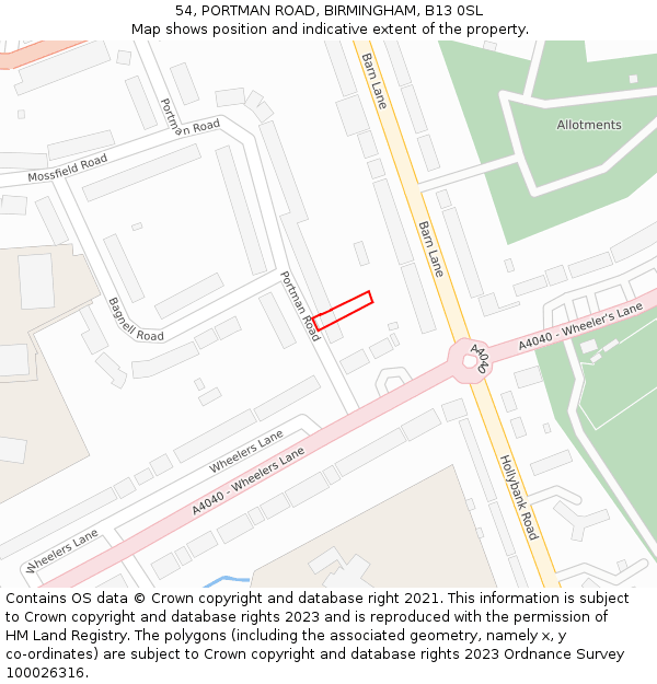 54, PORTMAN ROAD, BIRMINGHAM, B13 0SL: Location map and indicative extent of plot