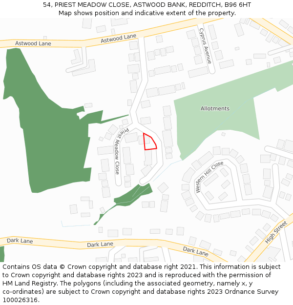 54, PRIEST MEADOW CLOSE, ASTWOOD BANK, REDDITCH, B96 6HT: Location map and indicative extent of plot