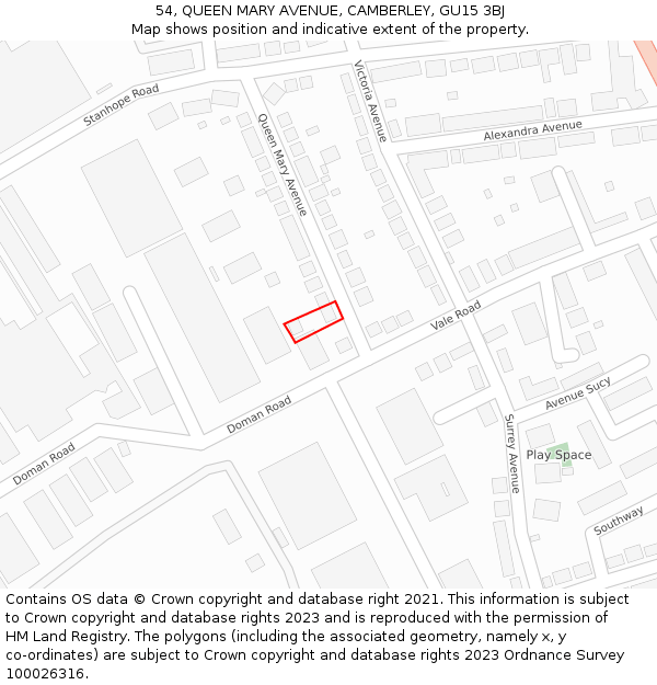 54, QUEEN MARY AVENUE, CAMBERLEY, GU15 3BJ: Location map and indicative extent of plot