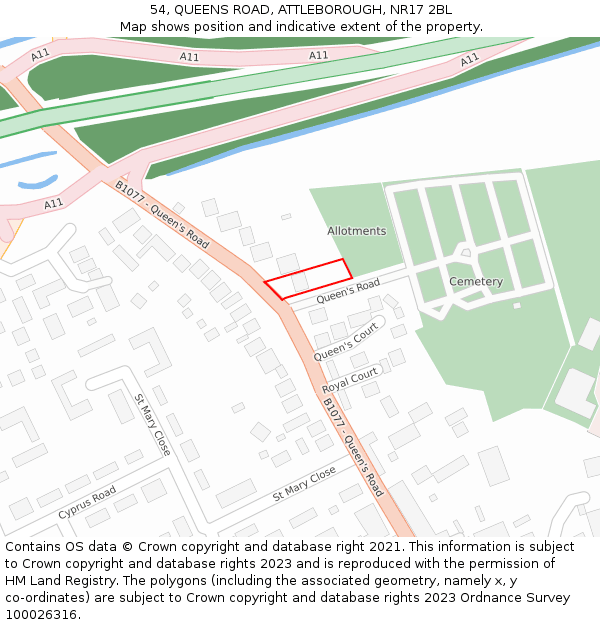 54, QUEENS ROAD, ATTLEBOROUGH, NR17 2BL: Location map and indicative extent of plot