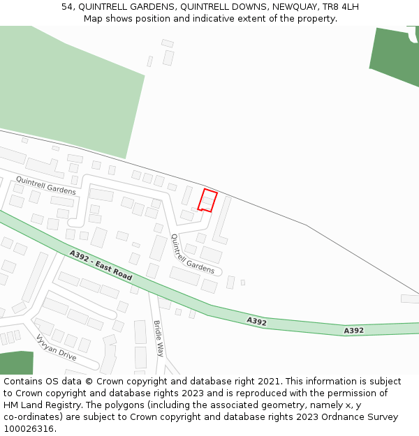 54, QUINTRELL GARDENS, QUINTRELL DOWNS, NEWQUAY, TR8 4LH: Location map and indicative extent of plot