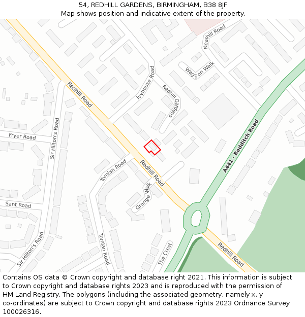 54, REDHILL GARDENS, BIRMINGHAM, B38 8JF: Location map and indicative extent of plot