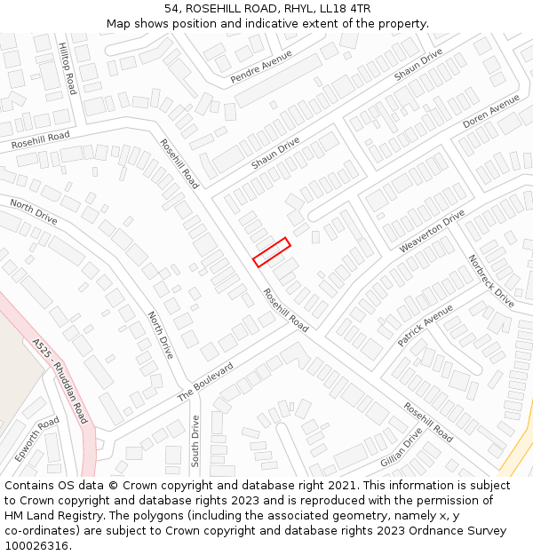 54, ROSEHILL ROAD, RHYL, LL18 4TR: Location map and indicative extent of plot