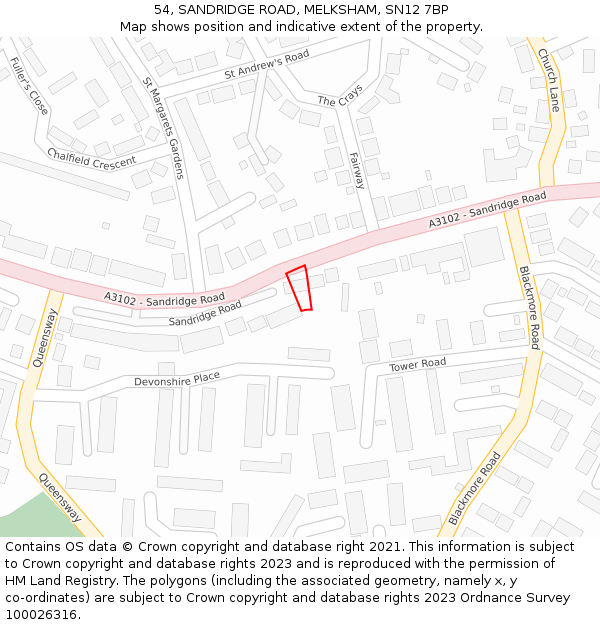 54, SANDRIDGE ROAD, MELKSHAM, SN12 7BP: Location map and indicative extent of plot