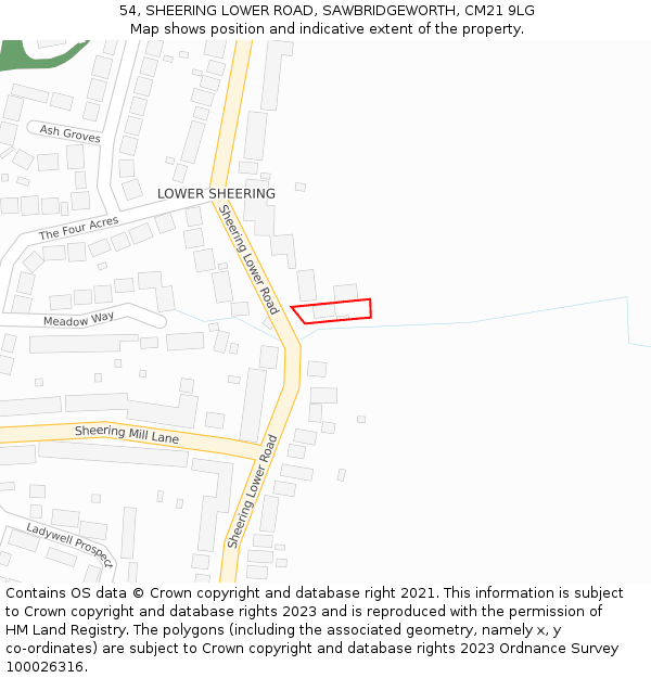 54, SHEERING LOWER ROAD, SAWBRIDGEWORTH, CM21 9LG: Location map and indicative extent of plot