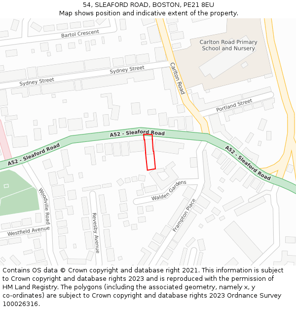 54, SLEAFORD ROAD, BOSTON, PE21 8EU: Location map and indicative extent of plot