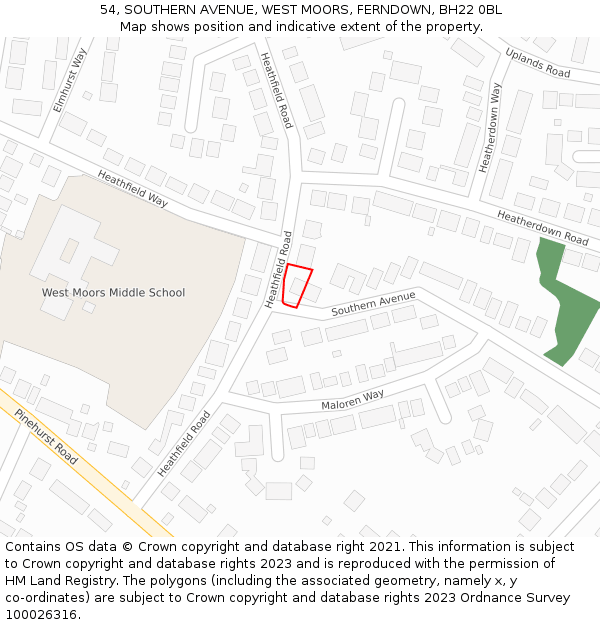 54, SOUTHERN AVENUE, WEST MOORS, FERNDOWN, BH22 0BL: Location map and indicative extent of plot