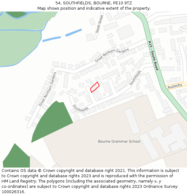 54, SOUTHFIELDS, BOURNE, PE10 9TZ: Location map and indicative extent of plot
