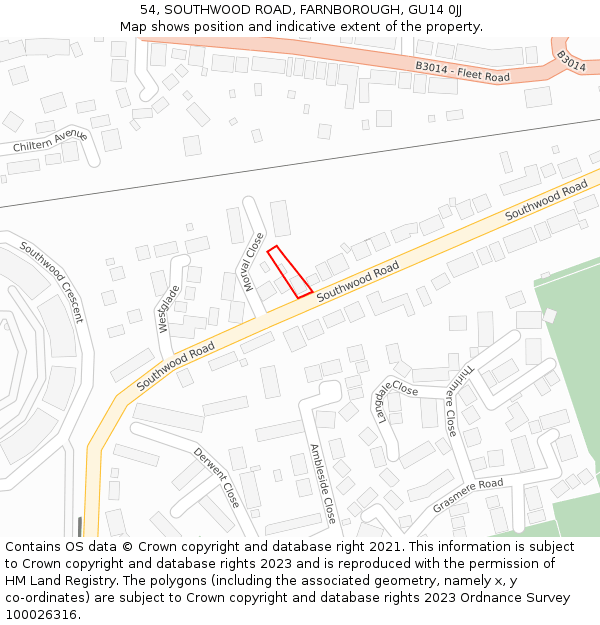 54, SOUTHWOOD ROAD, FARNBOROUGH, GU14 0JJ: Location map and indicative extent of plot