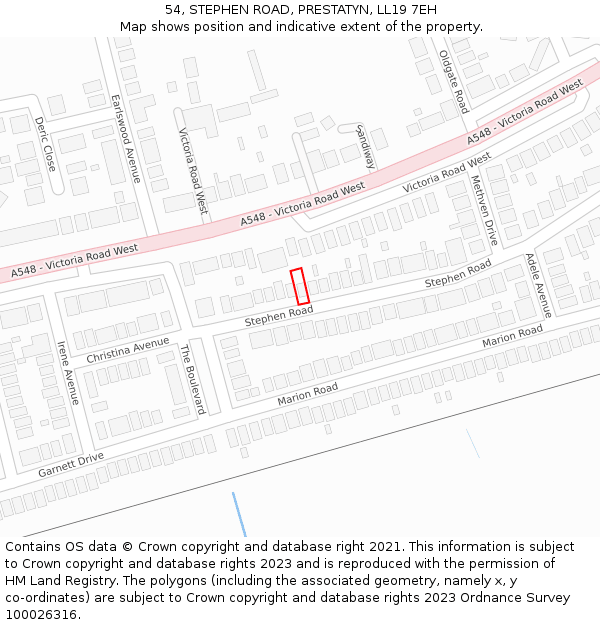 54, STEPHEN ROAD, PRESTATYN, LL19 7EH: Location map and indicative extent of plot