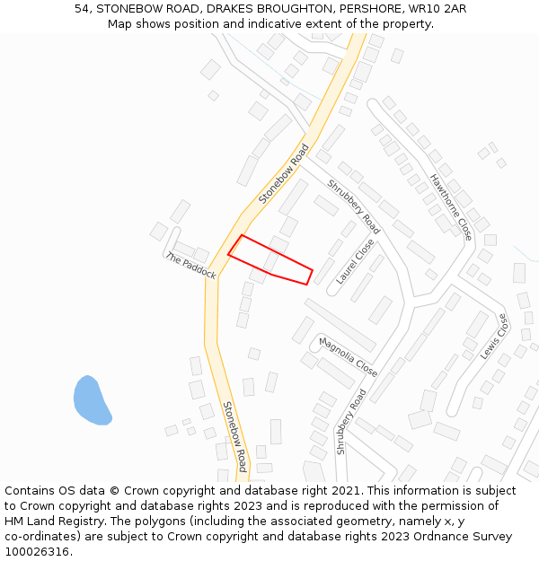 54, STONEBOW ROAD, DRAKES BROUGHTON, PERSHORE, WR10 2AR: Location map and indicative extent of plot