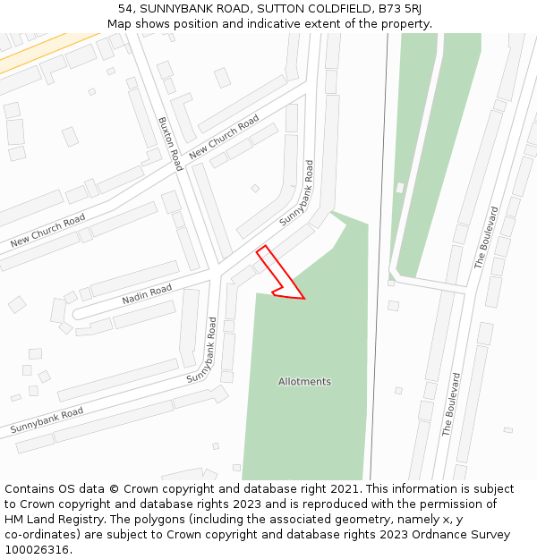 54, SUNNYBANK ROAD, SUTTON COLDFIELD, B73 5RJ: Location map and indicative extent of plot