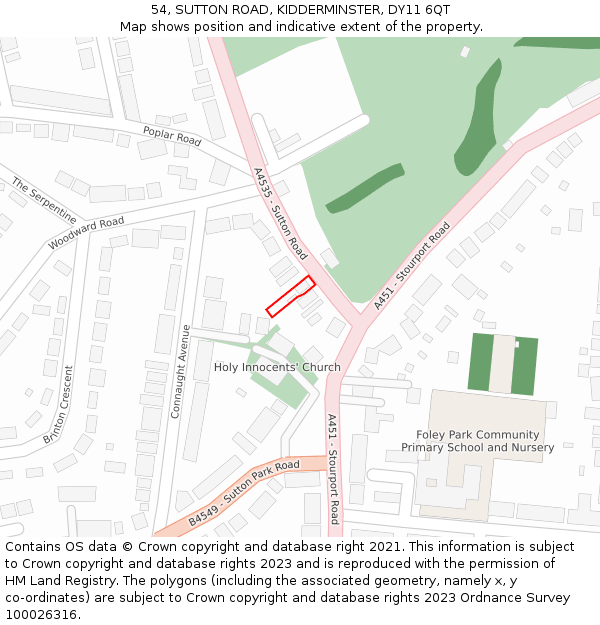 54, SUTTON ROAD, KIDDERMINSTER, DY11 6QT: Location map and indicative extent of plot