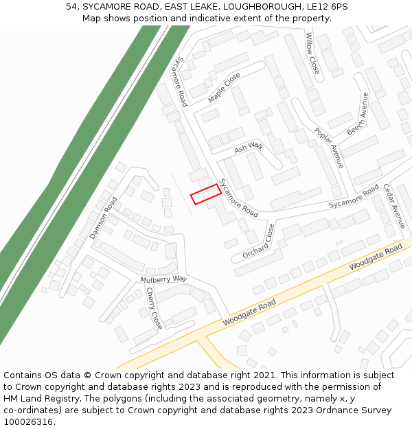 54, SYCAMORE ROAD, EAST LEAKE, LOUGHBOROUGH, LE12 6PS: Location map and indicative extent of plot