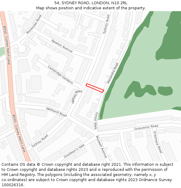 54, SYDNEY ROAD, LONDON, N10 2RL: Location map and indicative extent of plot