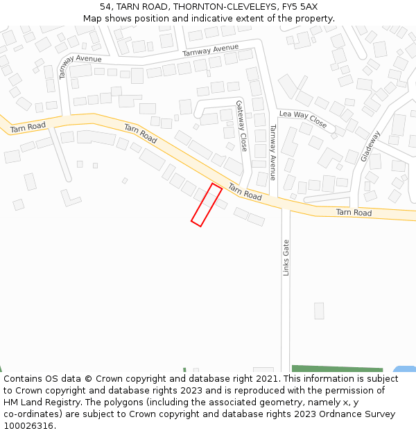 54, TARN ROAD, THORNTON-CLEVELEYS, FY5 5AX: Location map and indicative extent of plot
