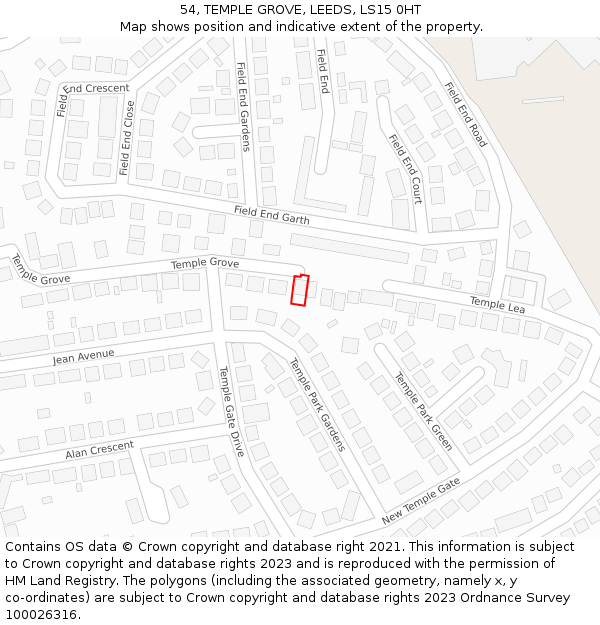 54, TEMPLE GROVE, LEEDS, LS15 0HT: Location map and indicative extent of plot