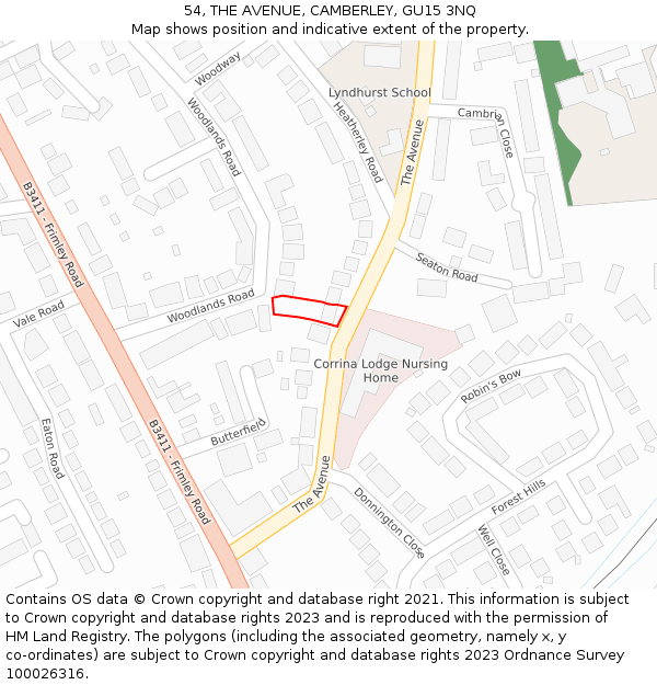 54, THE AVENUE, CAMBERLEY, GU15 3NQ: Location map and indicative extent of plot