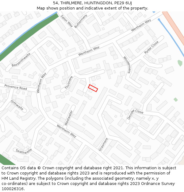 54, THIRLMERE, HUNTINGDON, PE29 6UJ: Location map and indicative extent of plot