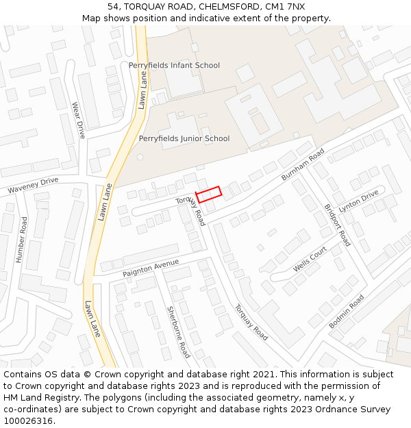 54, TORQUAY ROAD, CHELMSFORD, CM1 7NX: Location map and indicative extent of plot