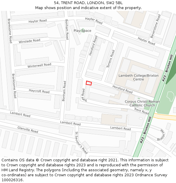 54, TRENT ROAD, LONDON, SW2 5BL: Location map and indicative extent of plot