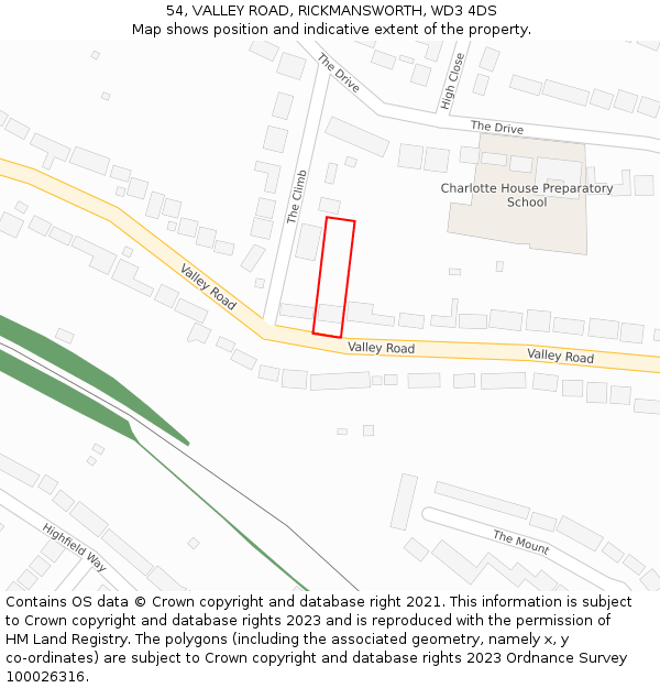 54, VALLEY ROAD, RICKMANSWORTH, WD3 4DS: Location map and indicative extent of plot