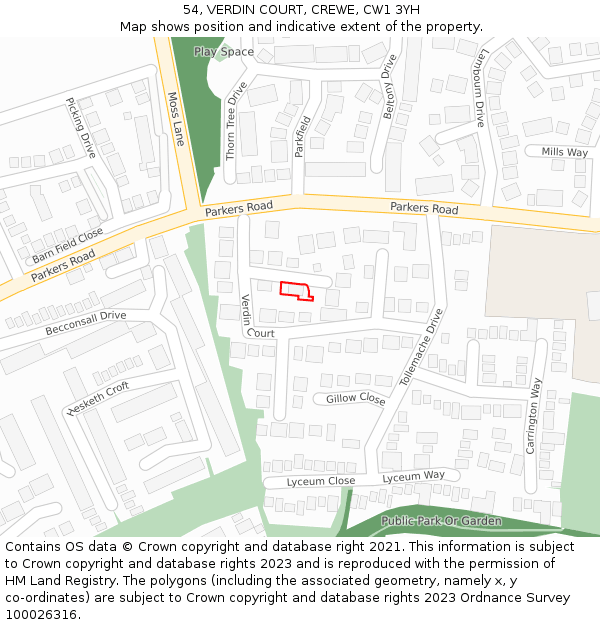 54, VERDIN COURT, CREWE, CW1 3YH: Location map and indicative extent of plot