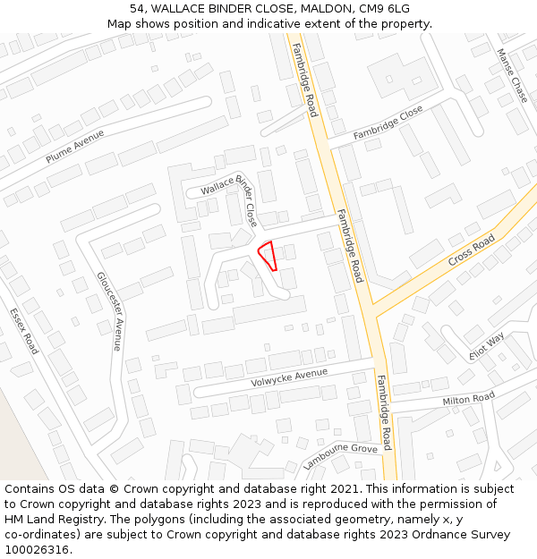 54, WALLACE BINDER CLOSE, MALDON, CM9 6LG: Location map and indicative extent of plot