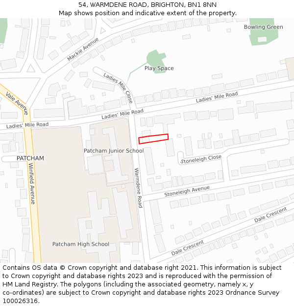 54, WARMDENE ROAD, BRIGHTON, BN1 8NN: Location map and indicative extent of plot