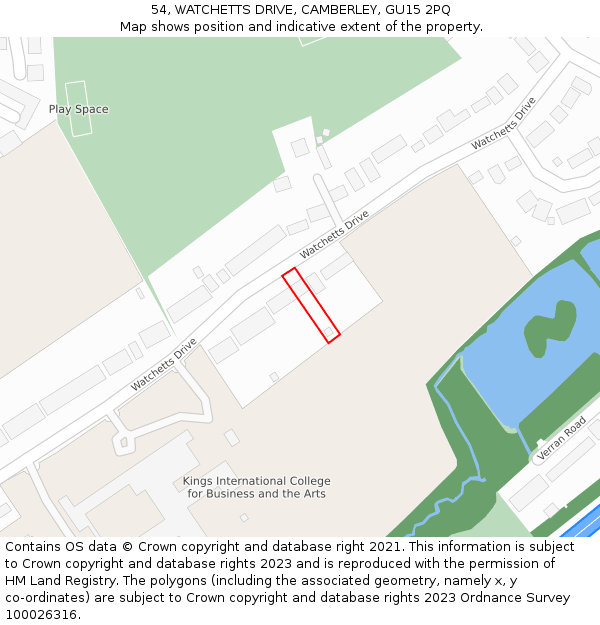 54, WATCHETTS DRIVE, CAMBERLEY, GU15 2PQ: Location map and indicative extent of plot