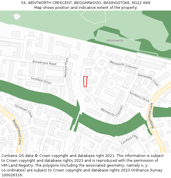 54, WENTWORTH CRESCENT, BEGGARWOOD, BASINGSTOKE, RG22 4WX: Location map and indicative extent of plot