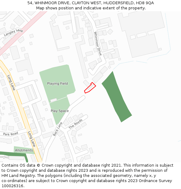 54, WHINMOOR DRIVE, CLAYTON WEST, HUDDERSFIELD, HD8 9QA: Location map and indicative extent of plot