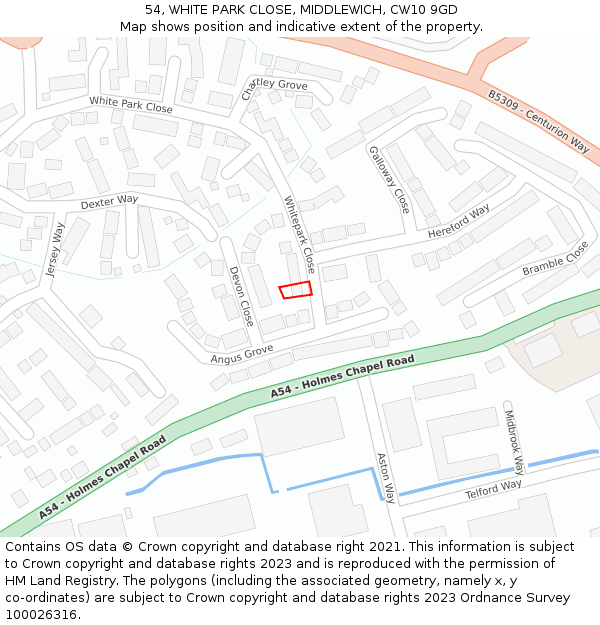 54, WHITE PARK CLOSE, MIDDLEWICH, CW10 9GD: Location map and indicative extent of plot