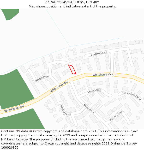 54, WHITEHAVEN, LUTON, LU3 4BY: Location map and indicative extent of plot