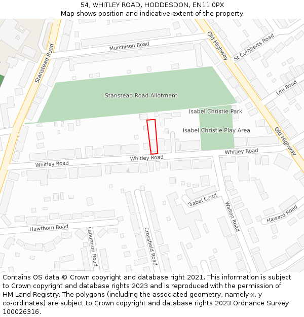 54, WHITLEY ROAD, HODDESDON, EN11 0PX: Location map and indicative extent of plot