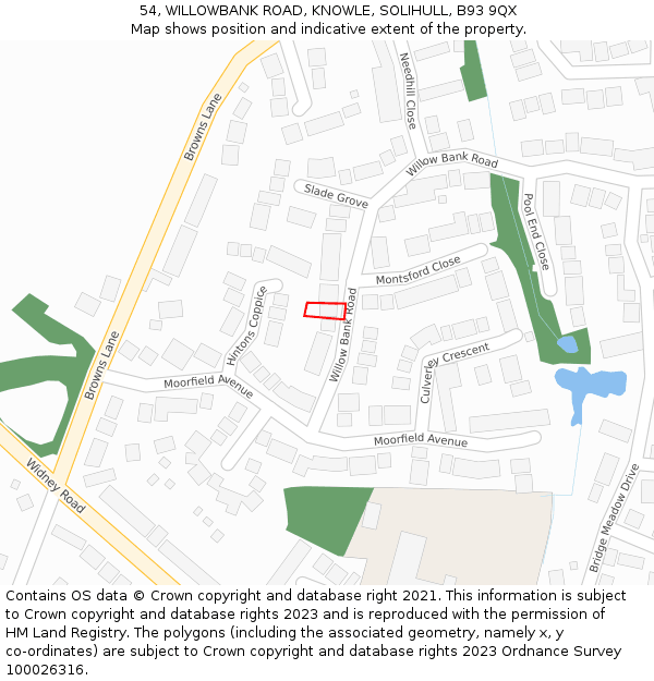 54, WILLOWBANK ROAD, KNOWLE, SOLIHULL, B93 9QX: Location map and indicative extent of plot