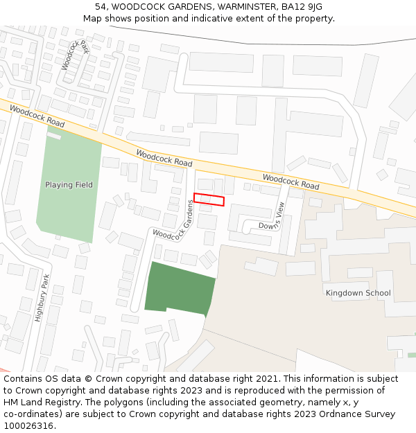 54, WOODCOCK GARDENS, WARMINSTER, BA12 9JG: Location map and indicative extent of plot