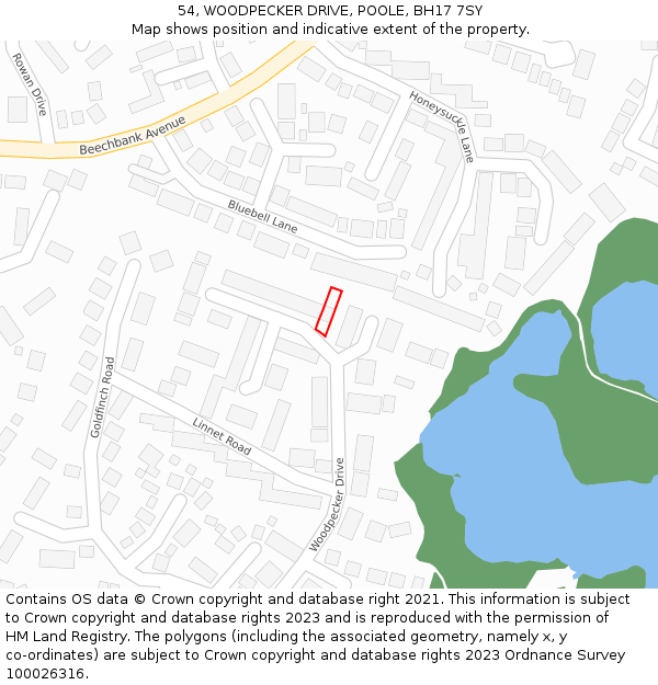 54, WOODPECKER DRIVE, POOLE, BH17 7SY: Location map and indicative extent of plot
