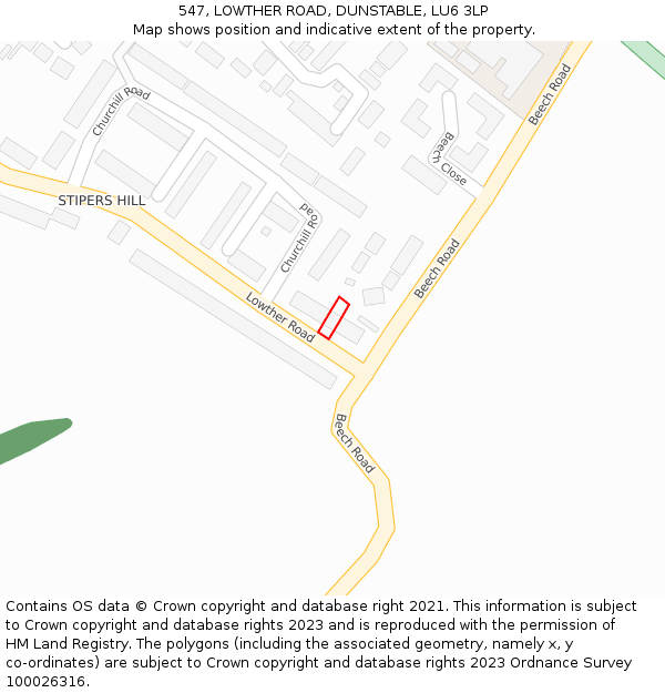 547, LOWTHER ROAD, DUNSTABLE, LU6 3LP: Location map and indicative extent of plot