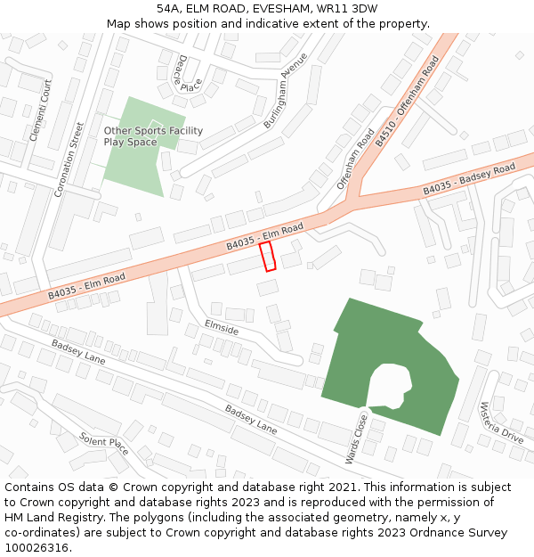 54A, ELM ROAD, EVESHAM, WR11 3DW: Location map and indicative extent of plot