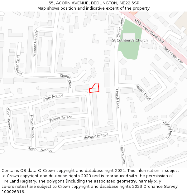 55, ACORN AVENUE, BEDLINGTON, NE22 5SP: Location map and indicative extent of plot