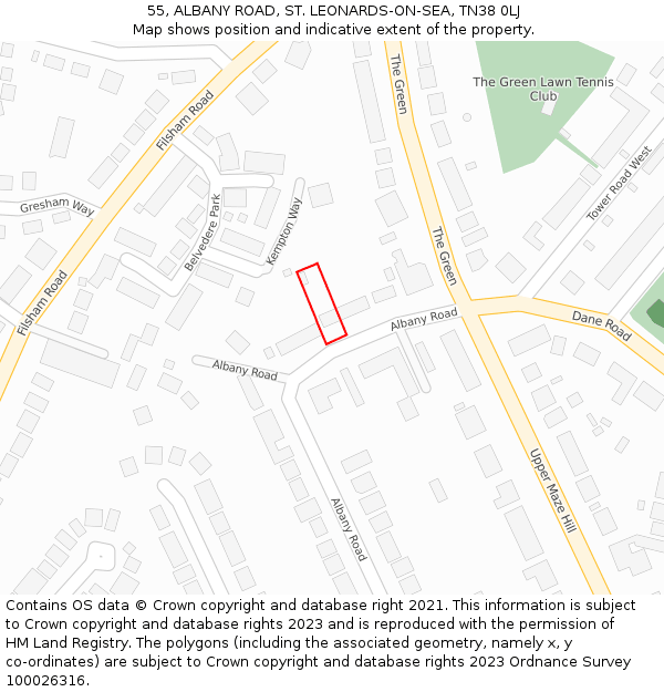 55, ALBANY ROAD, ST. LEONARDS-ON-SEA, TN38 0LJ: Location map and indicative extent of plot