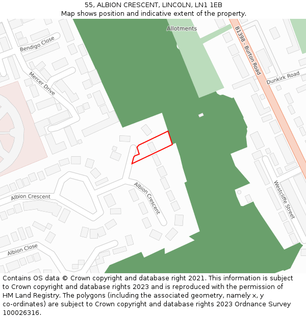 55, ALBION CRESCENT, LINCOLN, LN1 1EB: Location map and indicative extent of plot