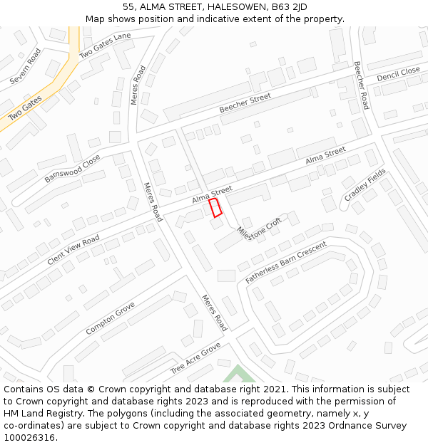 55, ALMA STREET, HALESOWEN, B63 2JD: Location map and indicative extent of plot