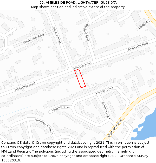 55, AMBLESIDE ROAD, LIGHTWATER, GU18 5TA: Location map and indicative extent of plot