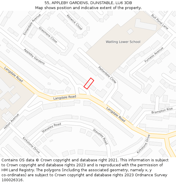 55, APPLEBY GARDENS, DUNSTABLE, LU6 3DB: Location map and indicative extent of plot