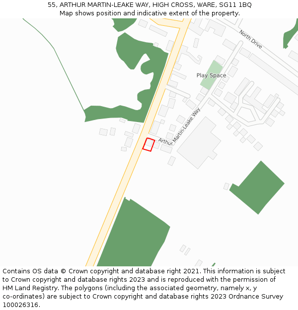 55, ARTHUR MARTIN-LEAKE WAY, HIGH CROSS, WARE, SG11 1BQ: Location map and indicative extent of plot